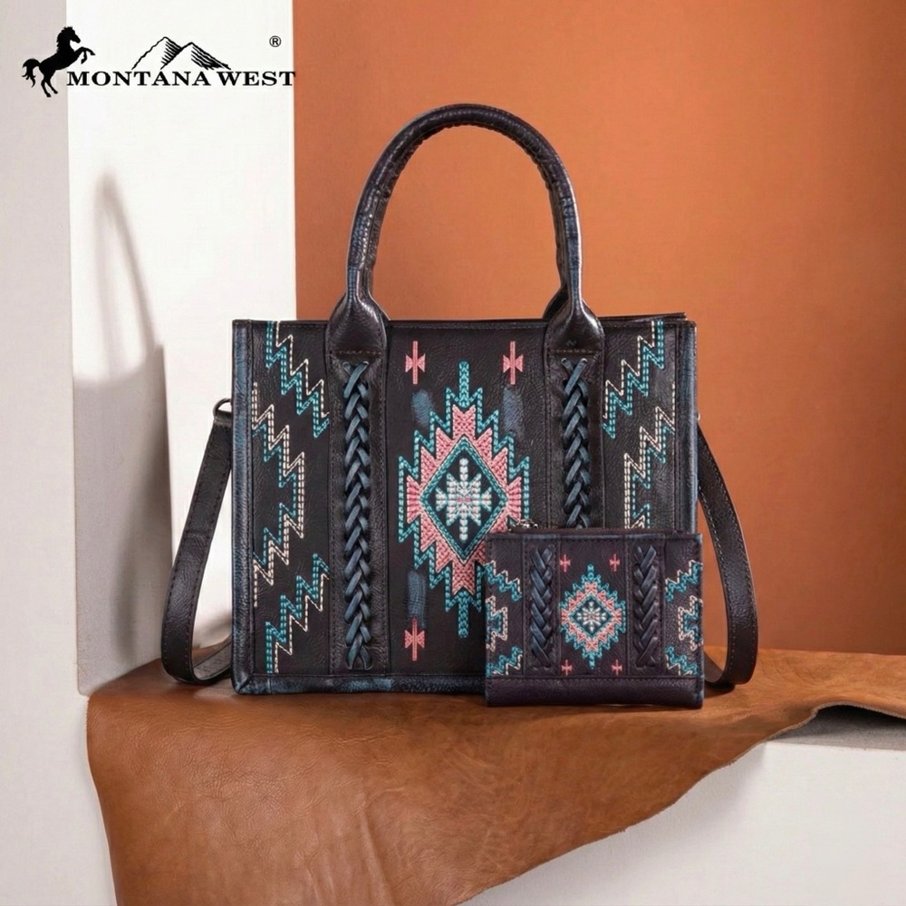 Montana West Embroidered Aztec Tote/Crossbody + Wallet Turquoise